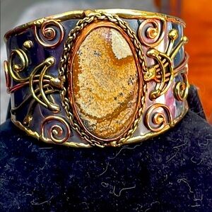 Gold and Silver metal picture  jasper Statement Cuff Bracelet